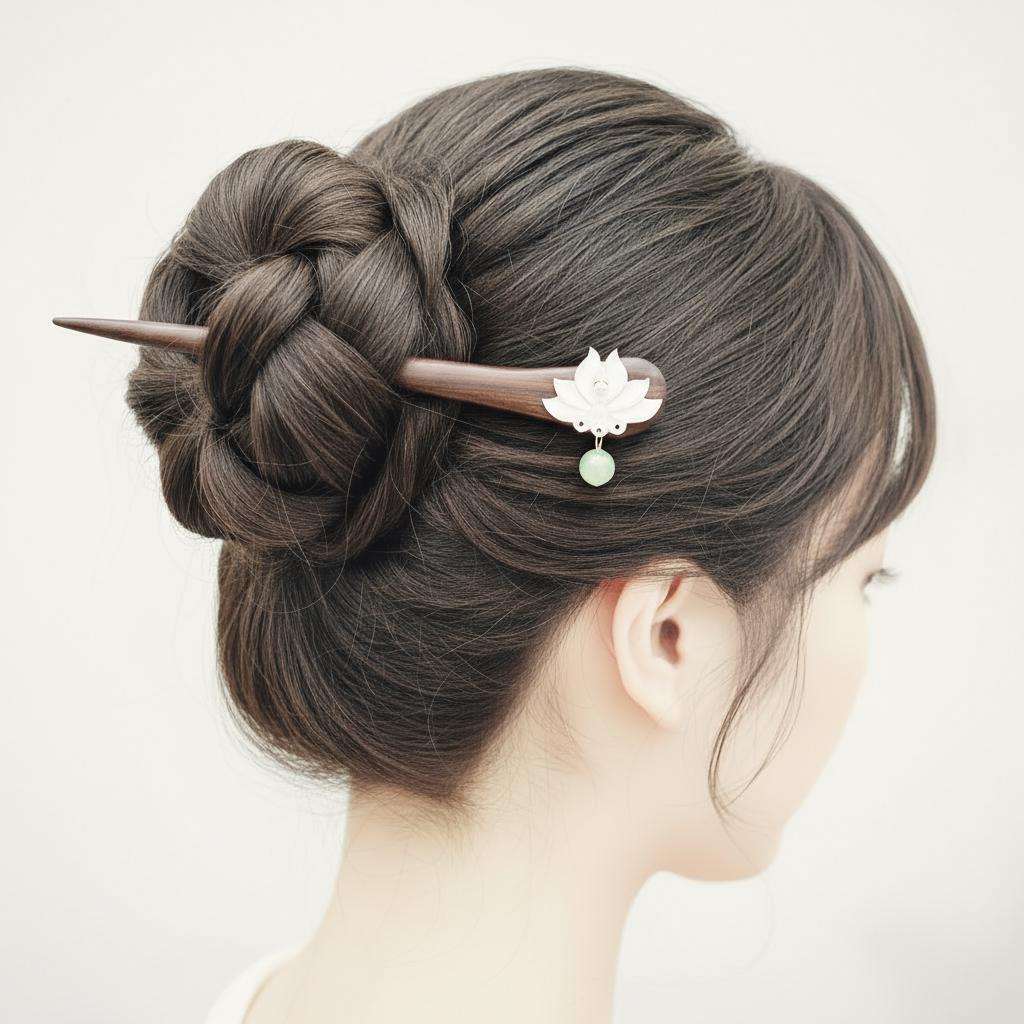 Hair bun with a decorative hairpin on a plain background