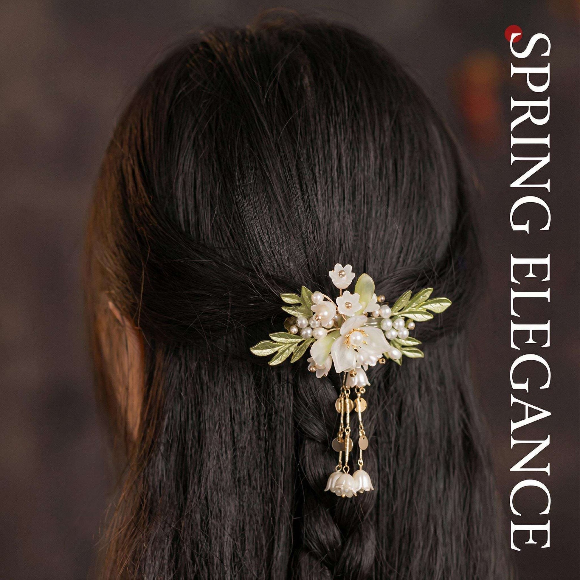 Hair clip with floral design on braided hair against a blurred background with 'Spring Elegance' text.