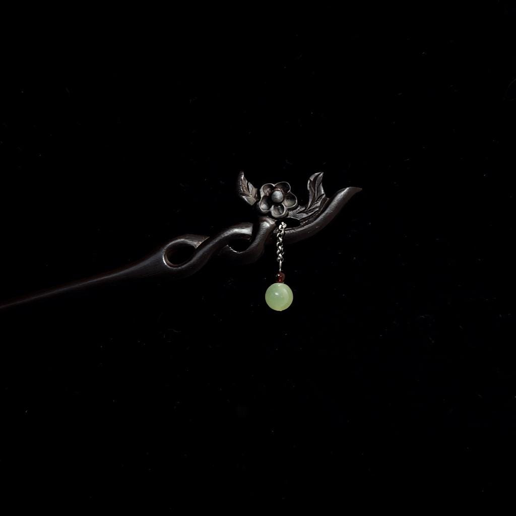 Hair pin with floral design and green bead on a black background