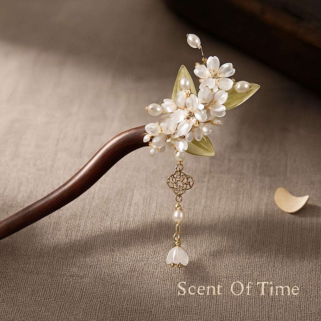 Hair pin with pearls and leaves on a textured surface, featuring 'Scent Of Time' branding.