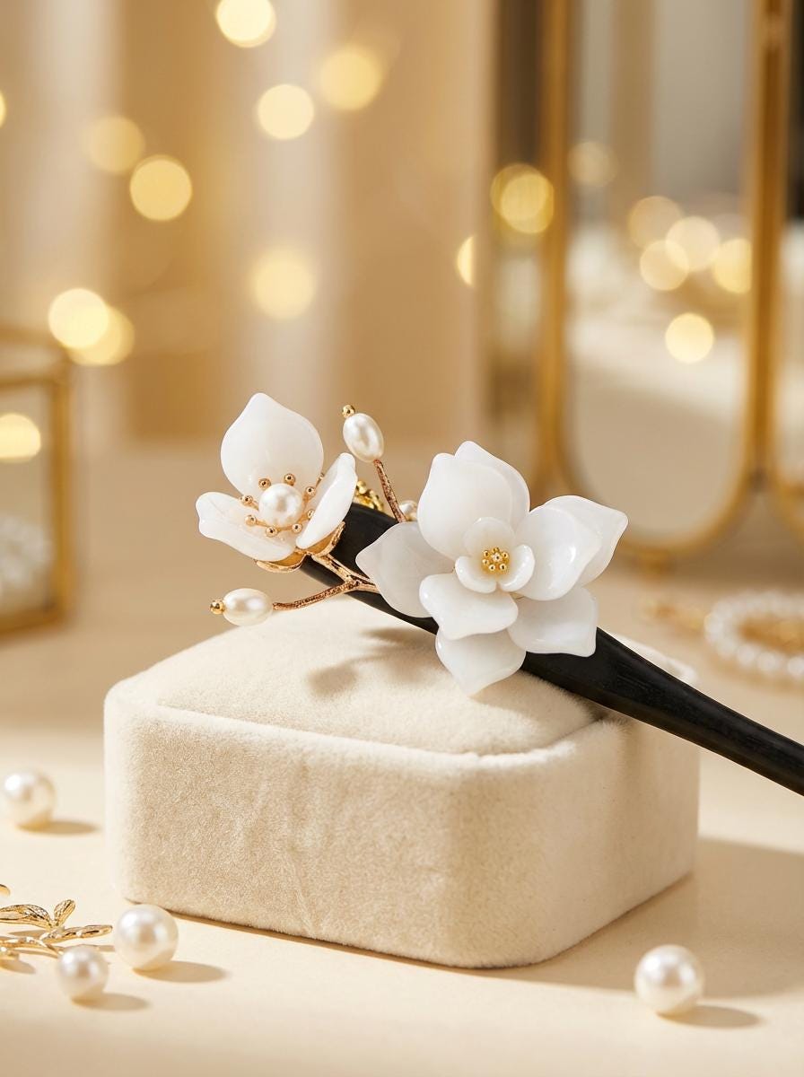 Hairpin with white flowers and pearls on a beige block with blurred lights in the background