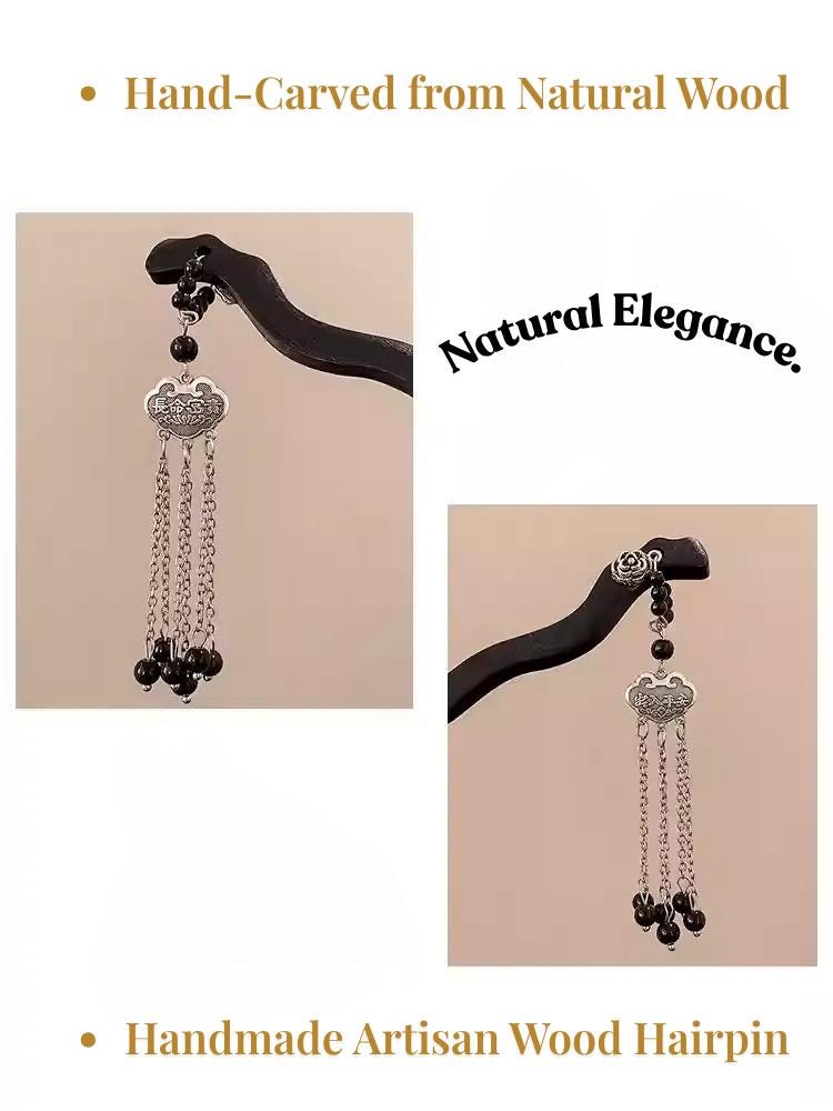 Hand-carved wooden hairpin with silver and black details on a beige background