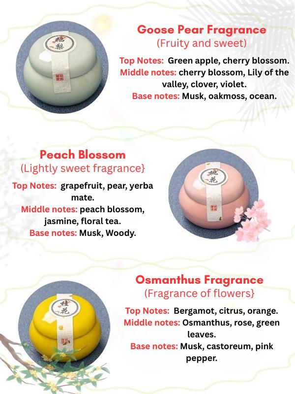 Three scented products with labels for Goose Pear Fragrance, Peach Blossom, and Osmanthus Fragrance on a white background.