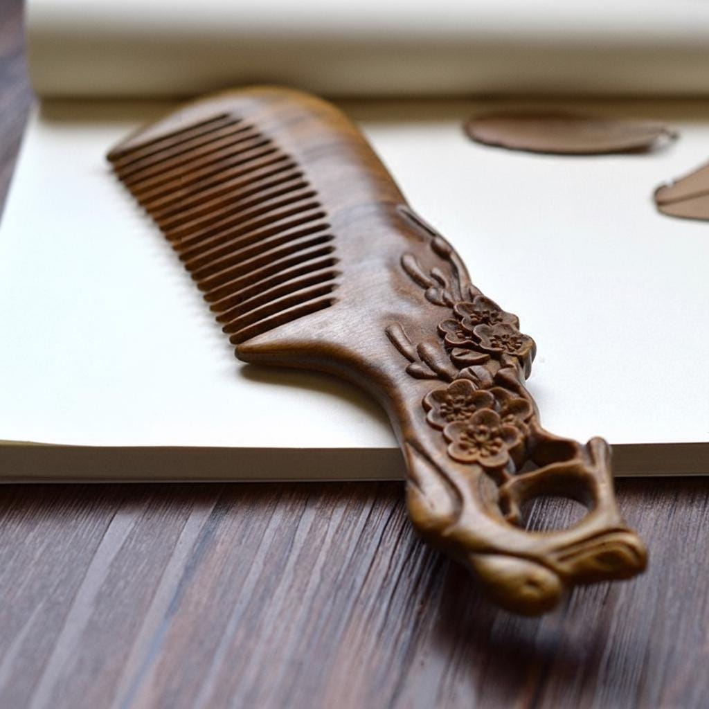 Wooden comb with floral carvings on a wooden surface
