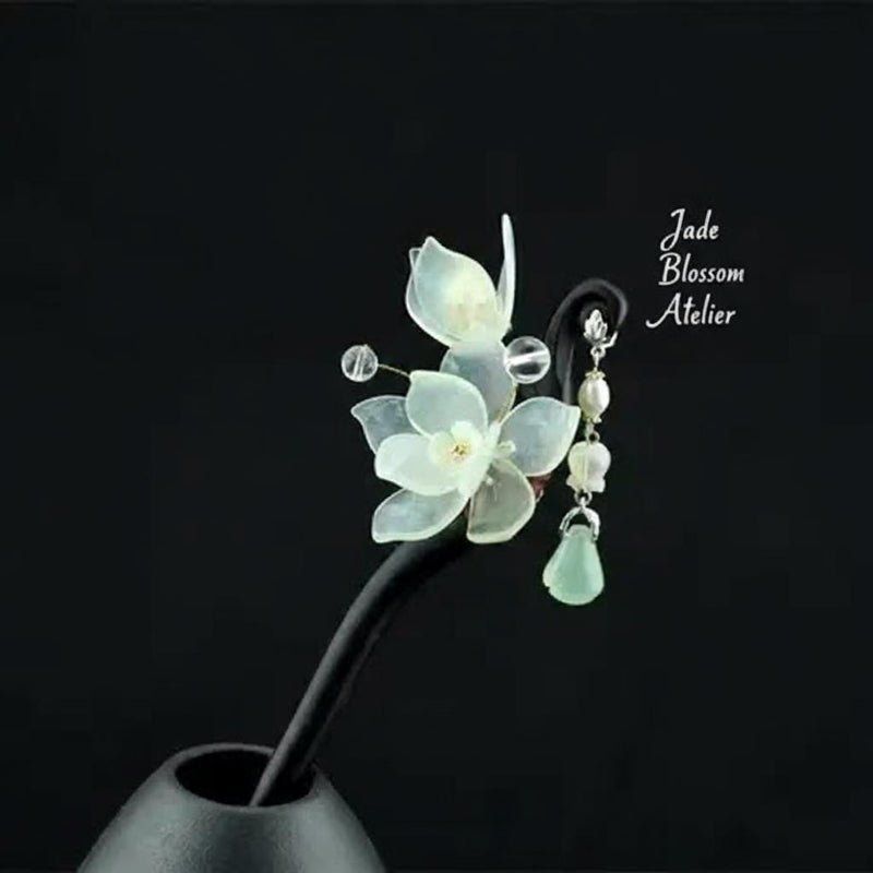 jade hairpin plant Jade Flower Ebony Wood Hairpin with Pearl