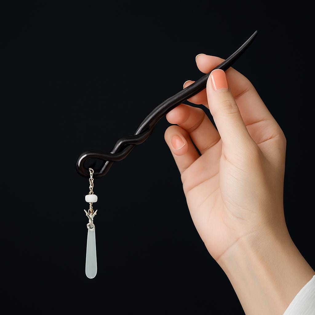 Hand holding a black hairpin with a decorative pendant against a black background