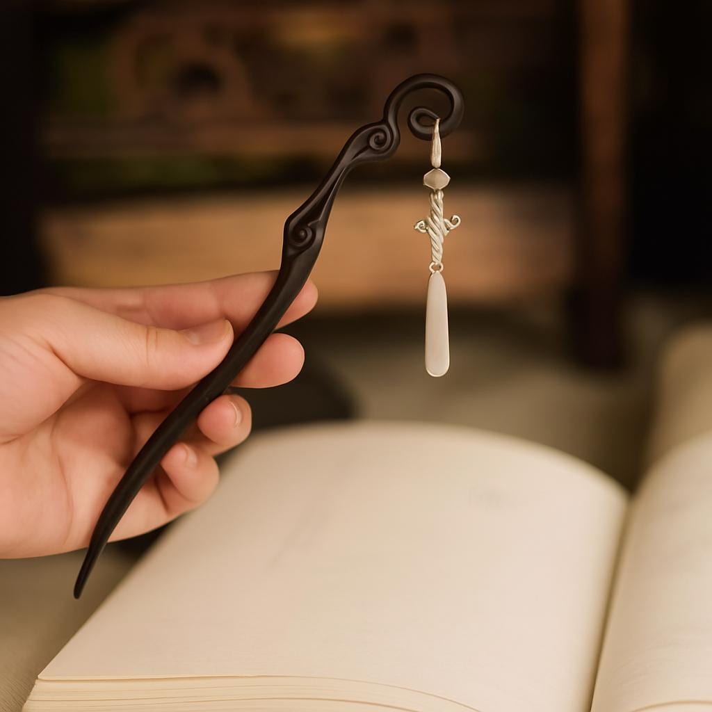 Hand holding a decorative hairpin with an open book in the background
