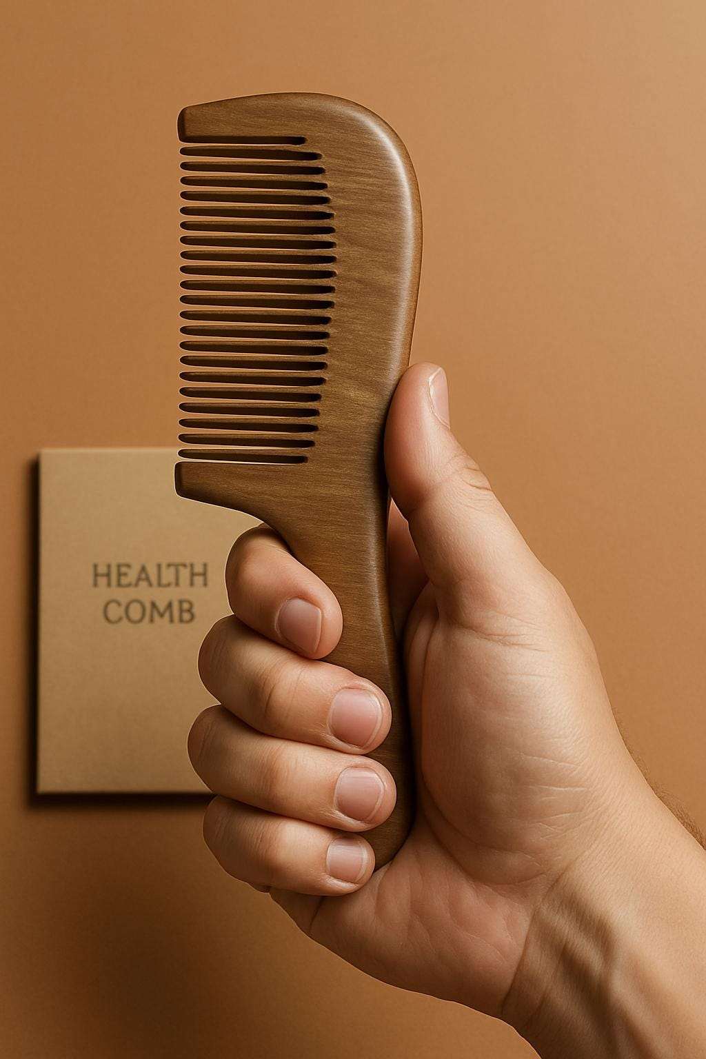 Hand holding a wooden comb with 'Health Comb' packaging on a brown background