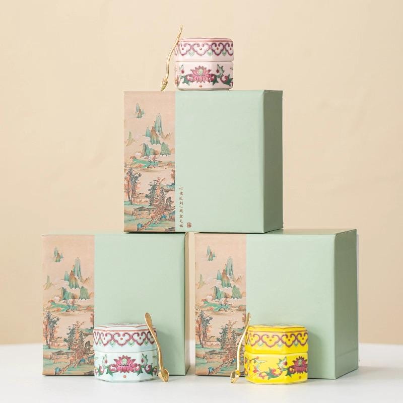 Balm boxes and containers with floral patterns on a beige background