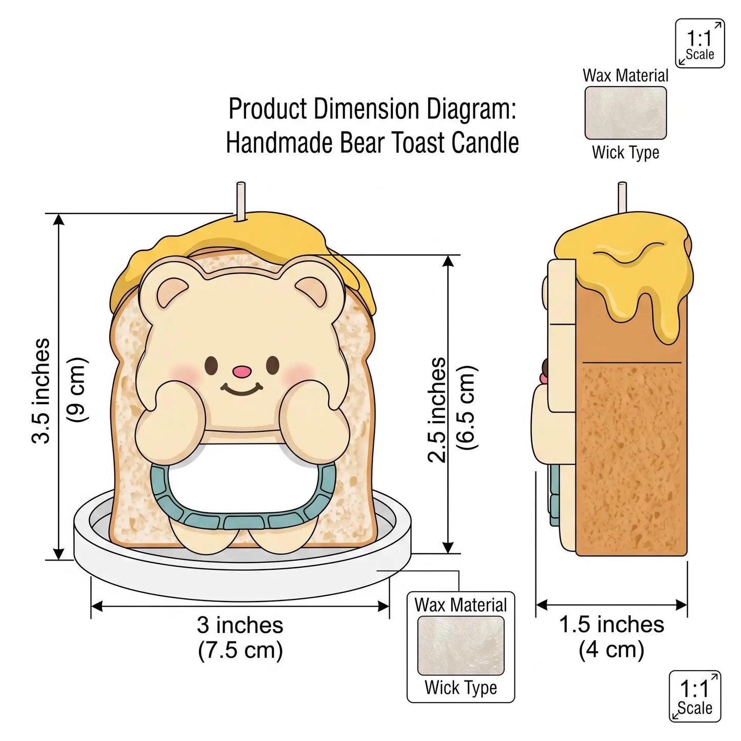 Handmade bear toast candle with dimensions and material details on a white background