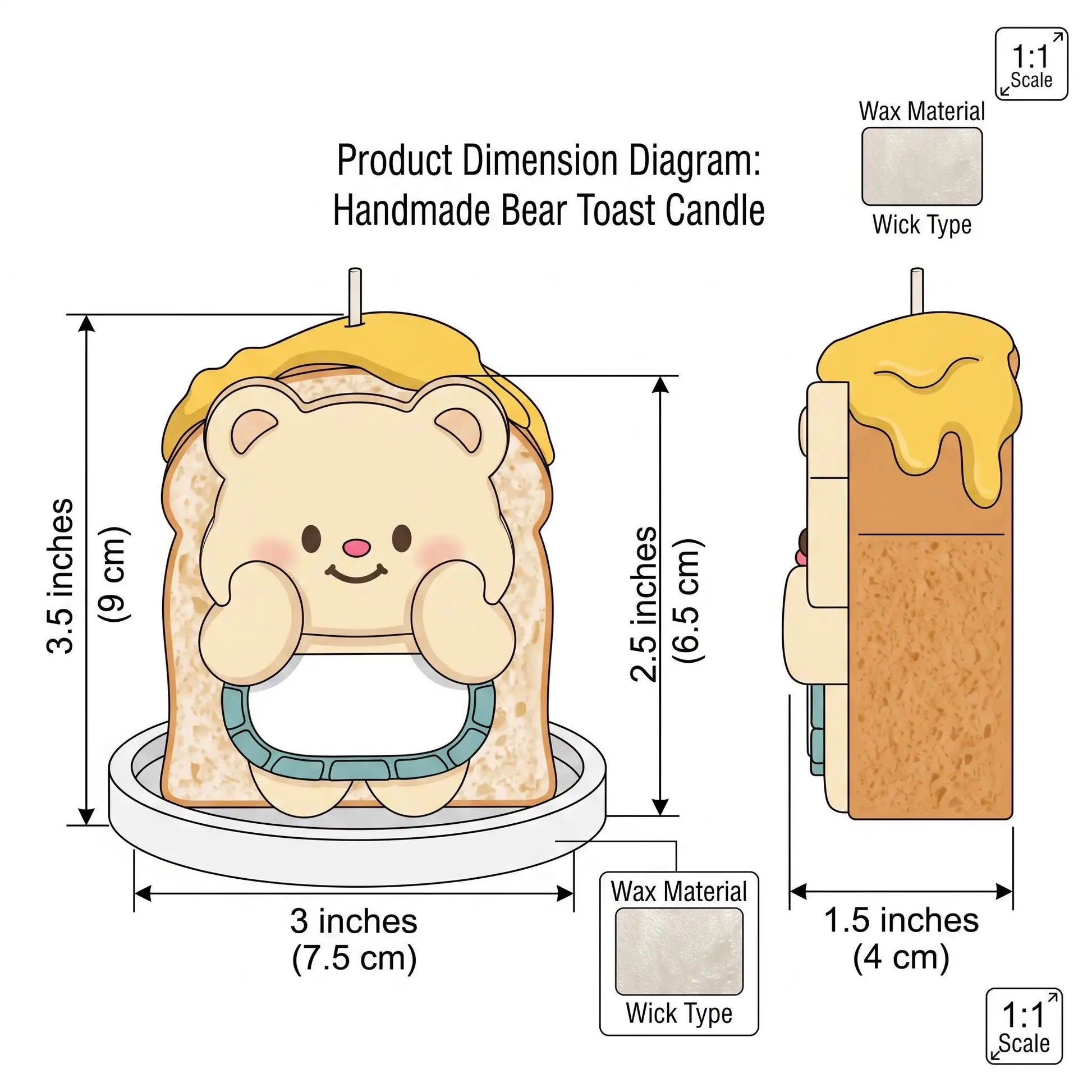 Handmade bear toast candle with dimensions and material details on a white background