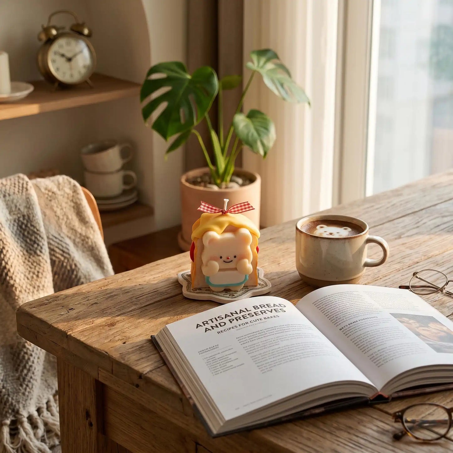 Open book on a wooden table with a cup of coffee, plant, and decorative items.