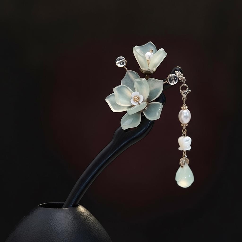 Floral hairpin with pearl details on a dark background