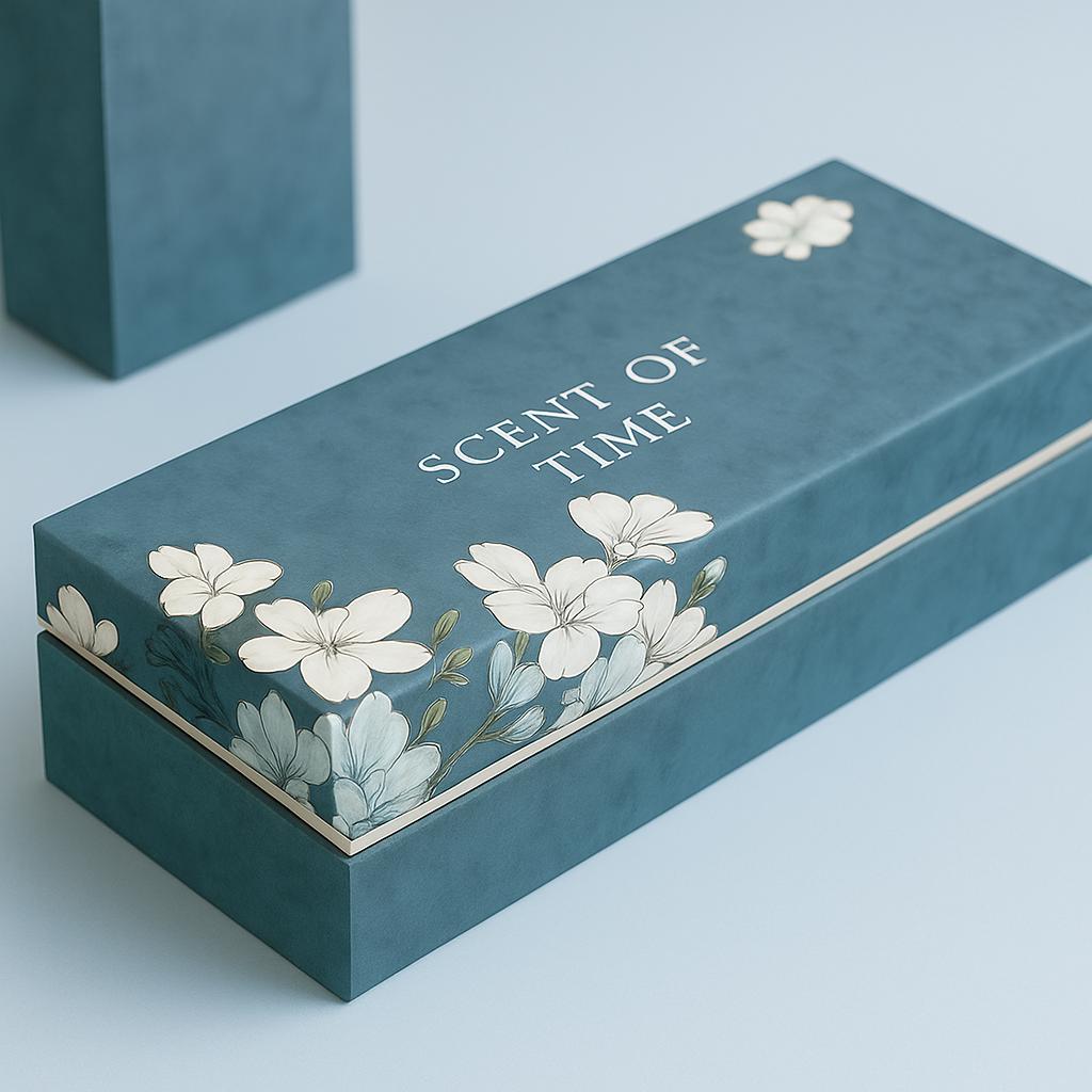 Blue box with floral design and 'Scent of Time' text on a light blue background