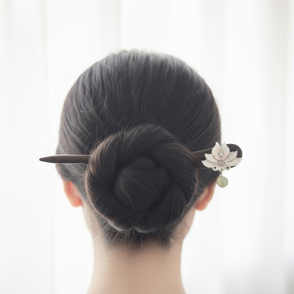 Person with hair styled in a bun using a decorative hairpin against a white background