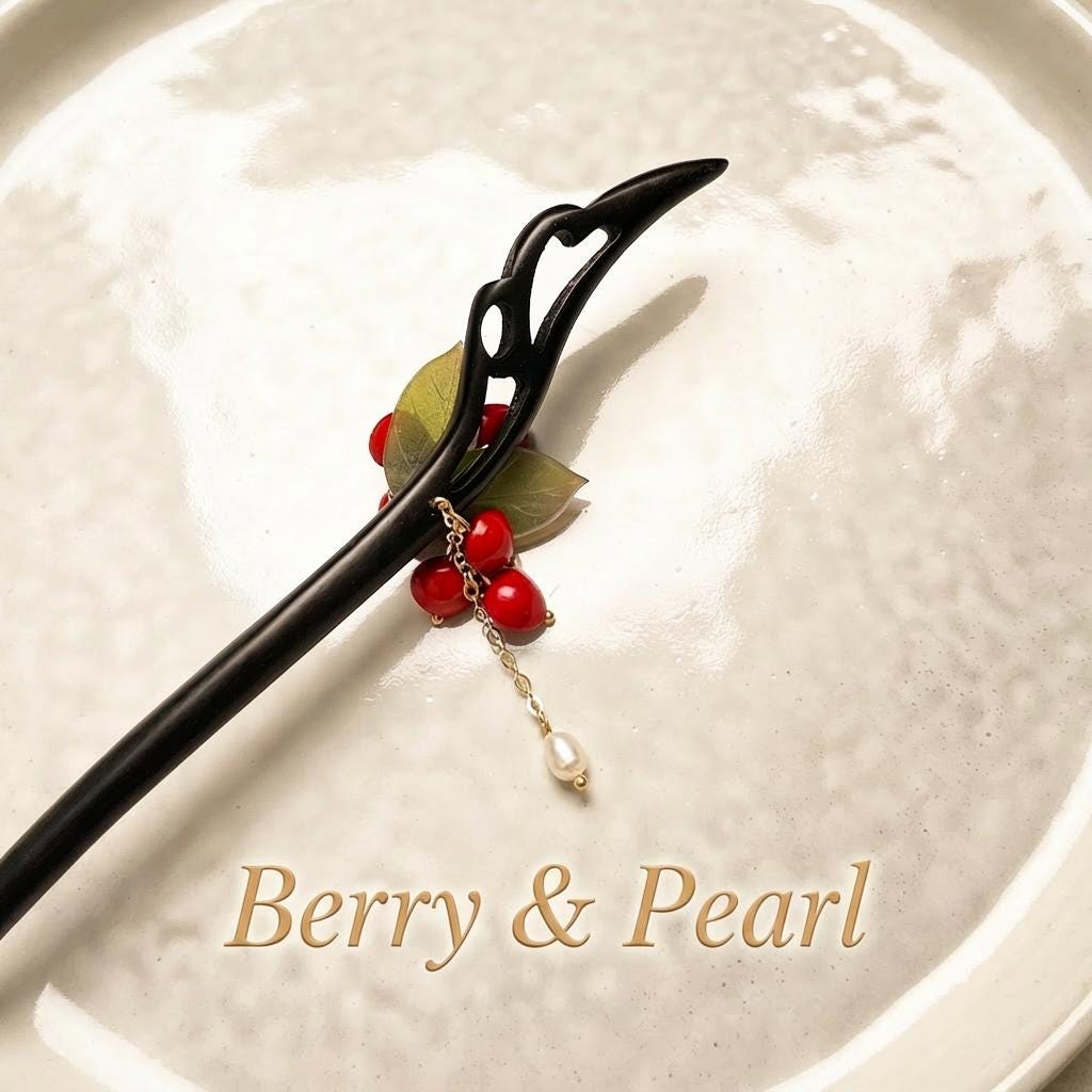 Black hair stick with red berries and a pearl on a textured white surface, labeled 'Berry & Pearl'.