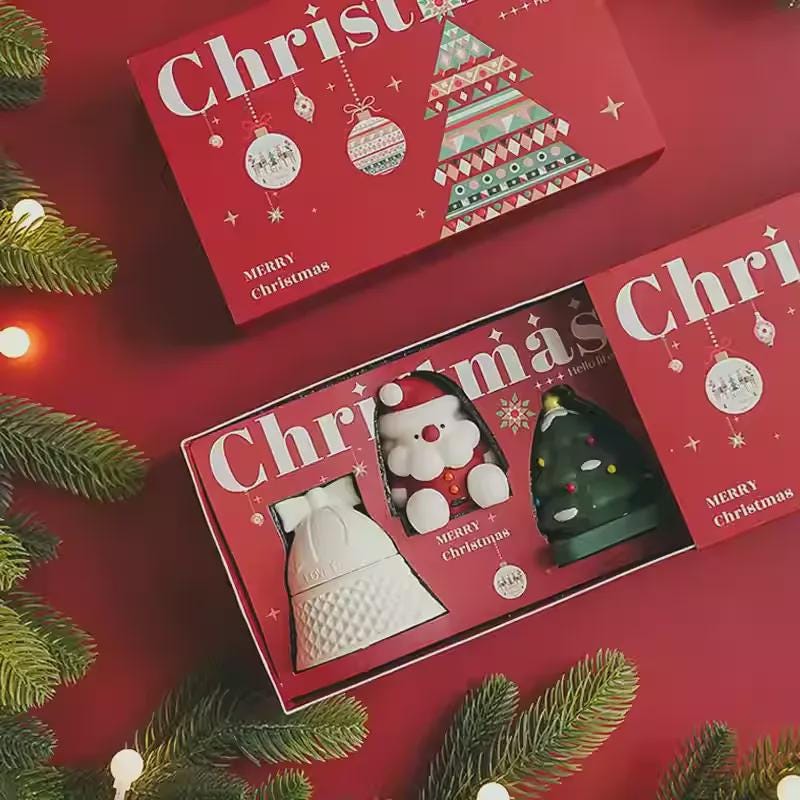 Red Christmas-themed gift box with festive designs on a red background with Christmas trees.