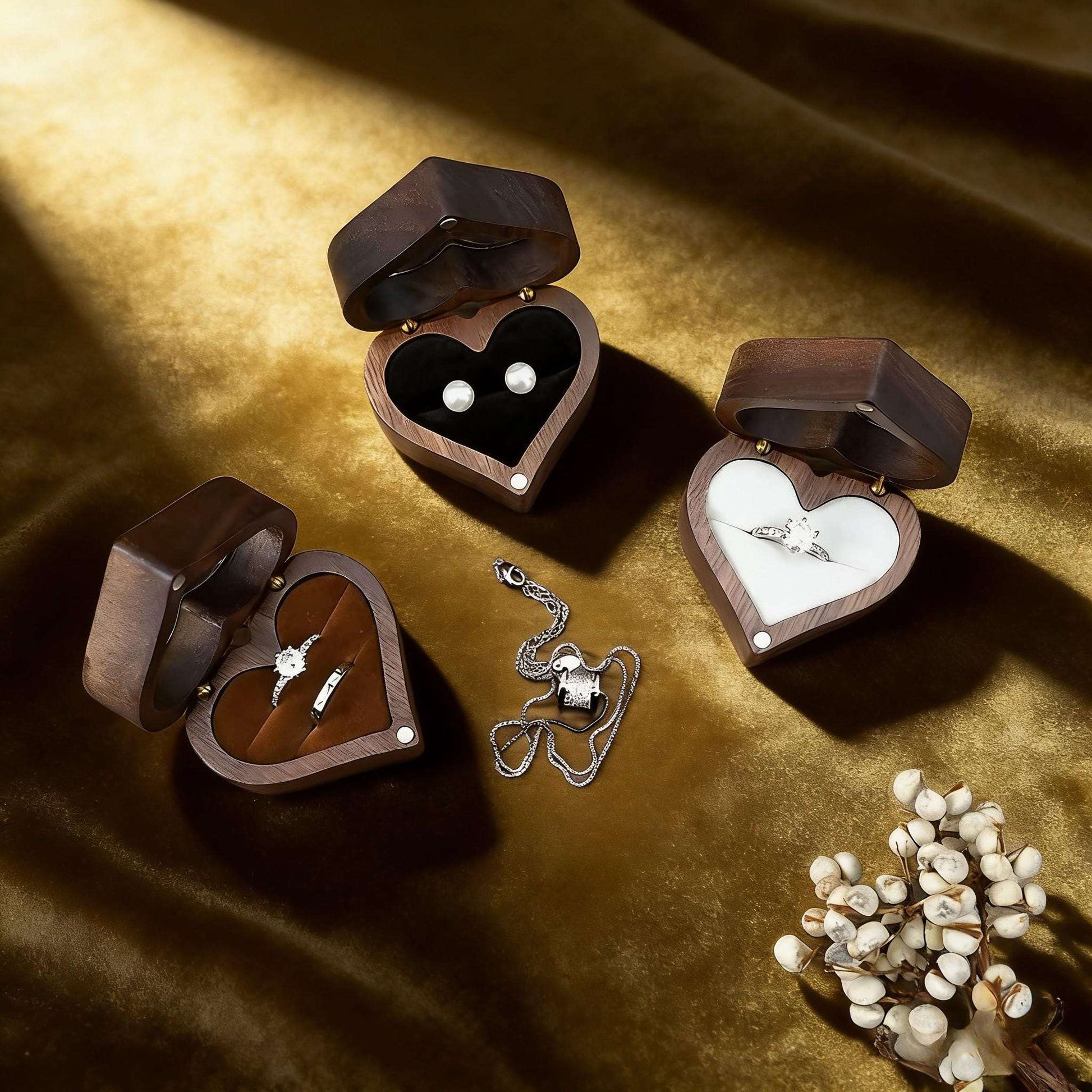 Handmade Walnut Wood Heart Ring Box, Engagement, Wedding