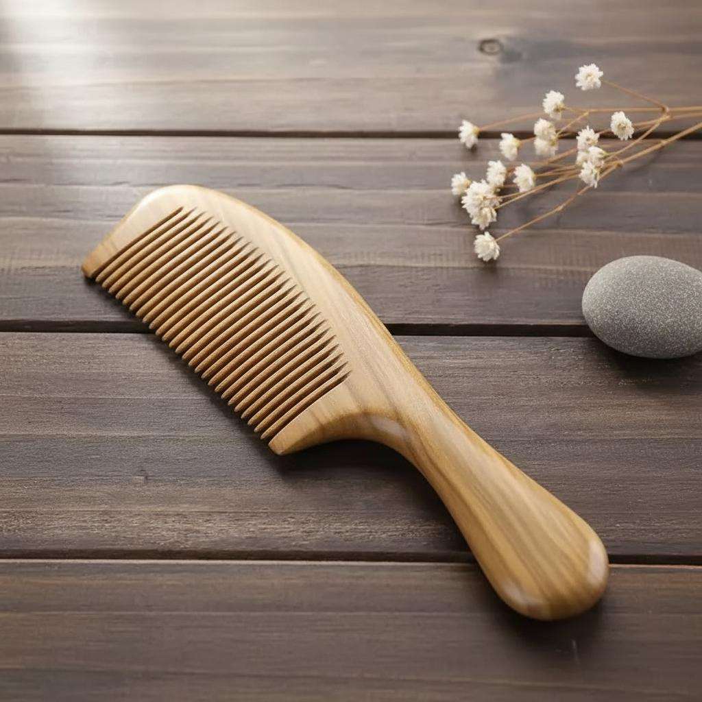 Wooden comb on a wooden surface with dried flowers and a stone.