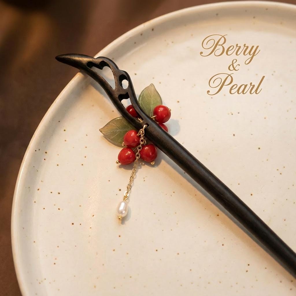 Decorative hair stick with berries and a pearl on a ceramic plate with 'Berry & Pearl' branding.