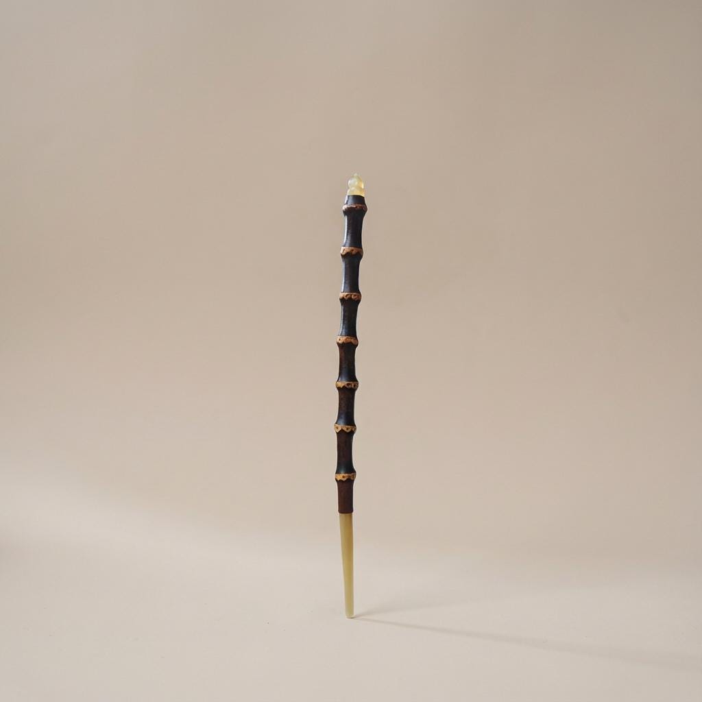 Decorative staff with black and gold design on a beige background