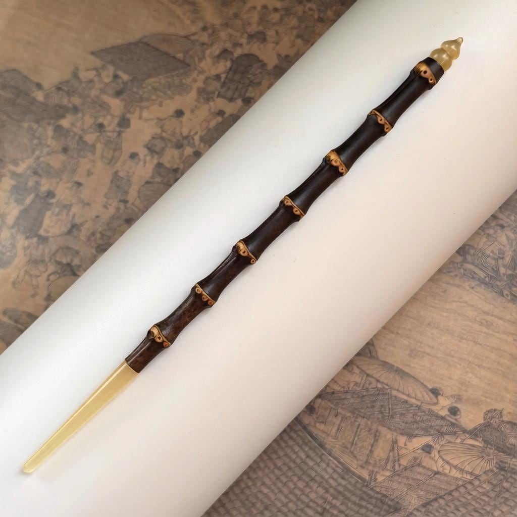 Decorative sword with gold blade and brown handle on a textured surface