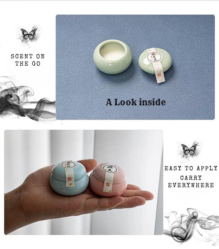 Two small containers with labels on a blue mat, held in a hand, and shown with text about scents.