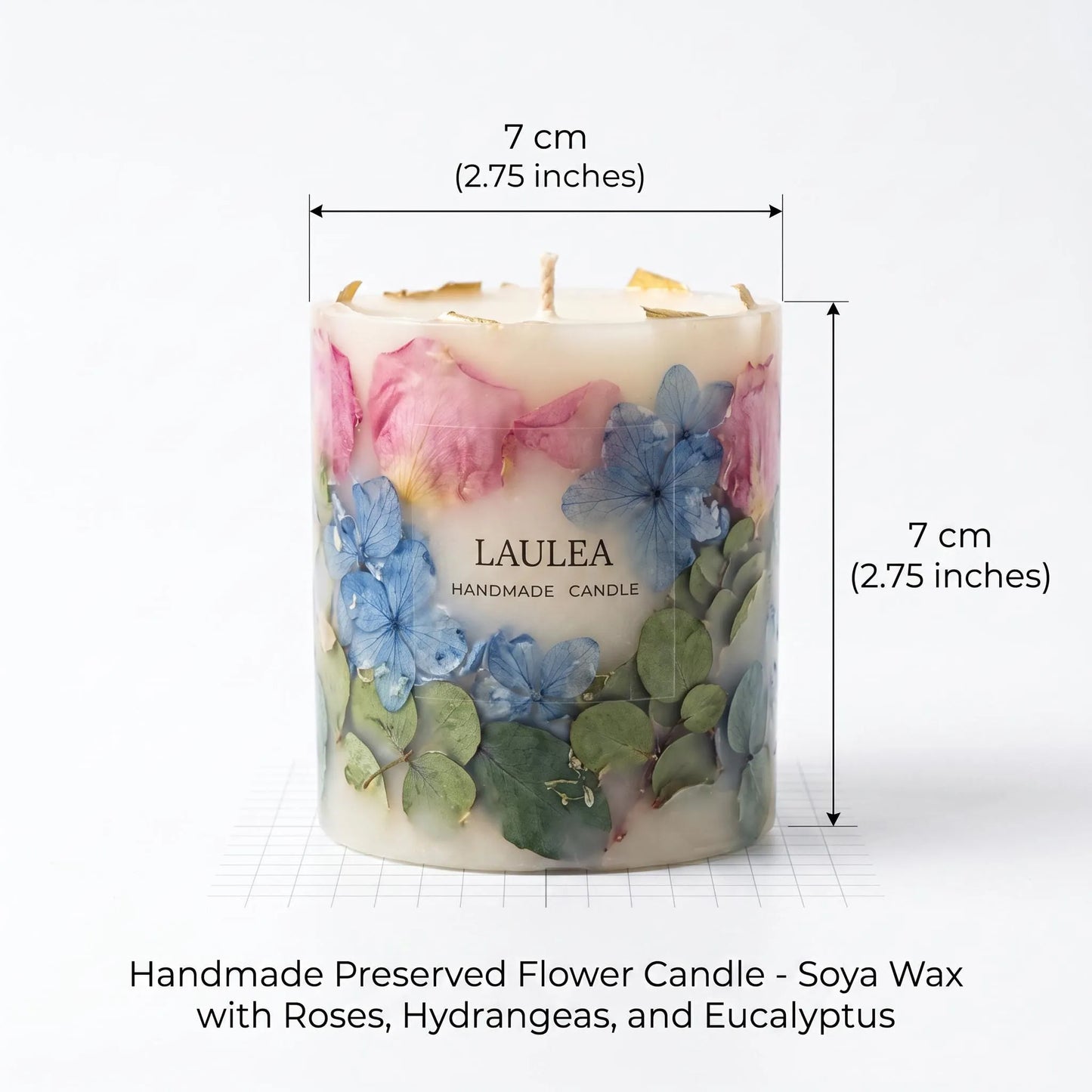 Handmade preserved flower candle with dimensions and brand name on a white background