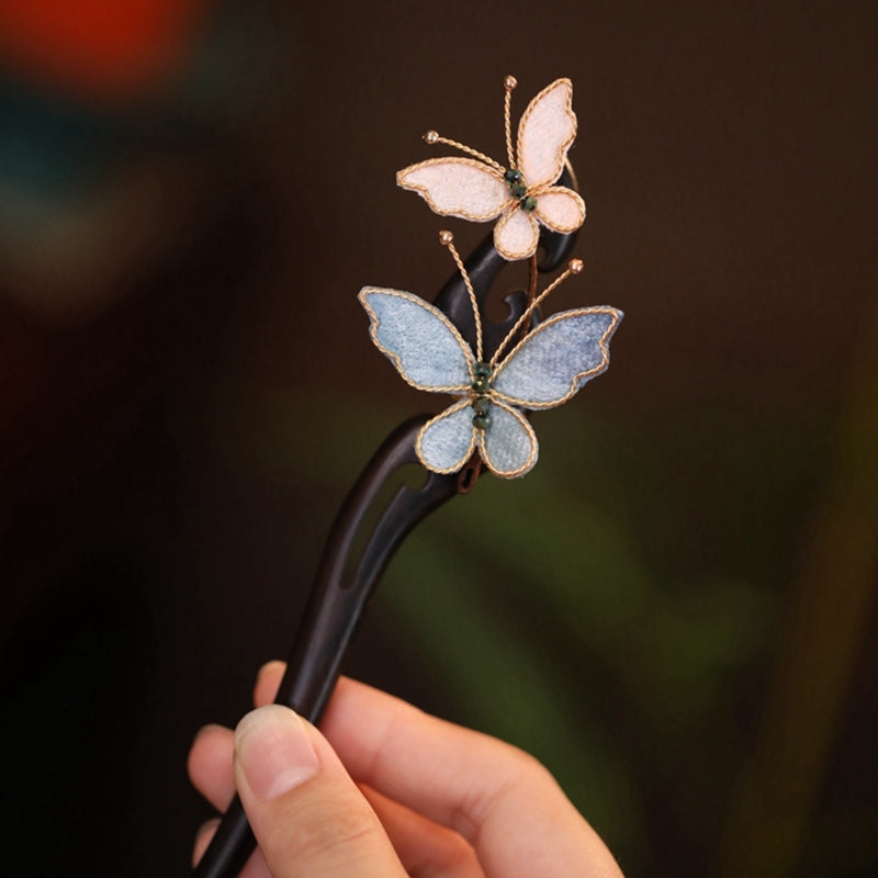 Handmade vintage butterfly hair pins with silk mesh wings for Chinese style updos