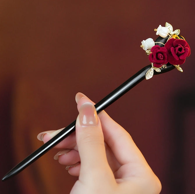Handmade vintage red rose wooden hair stick for bridal updos