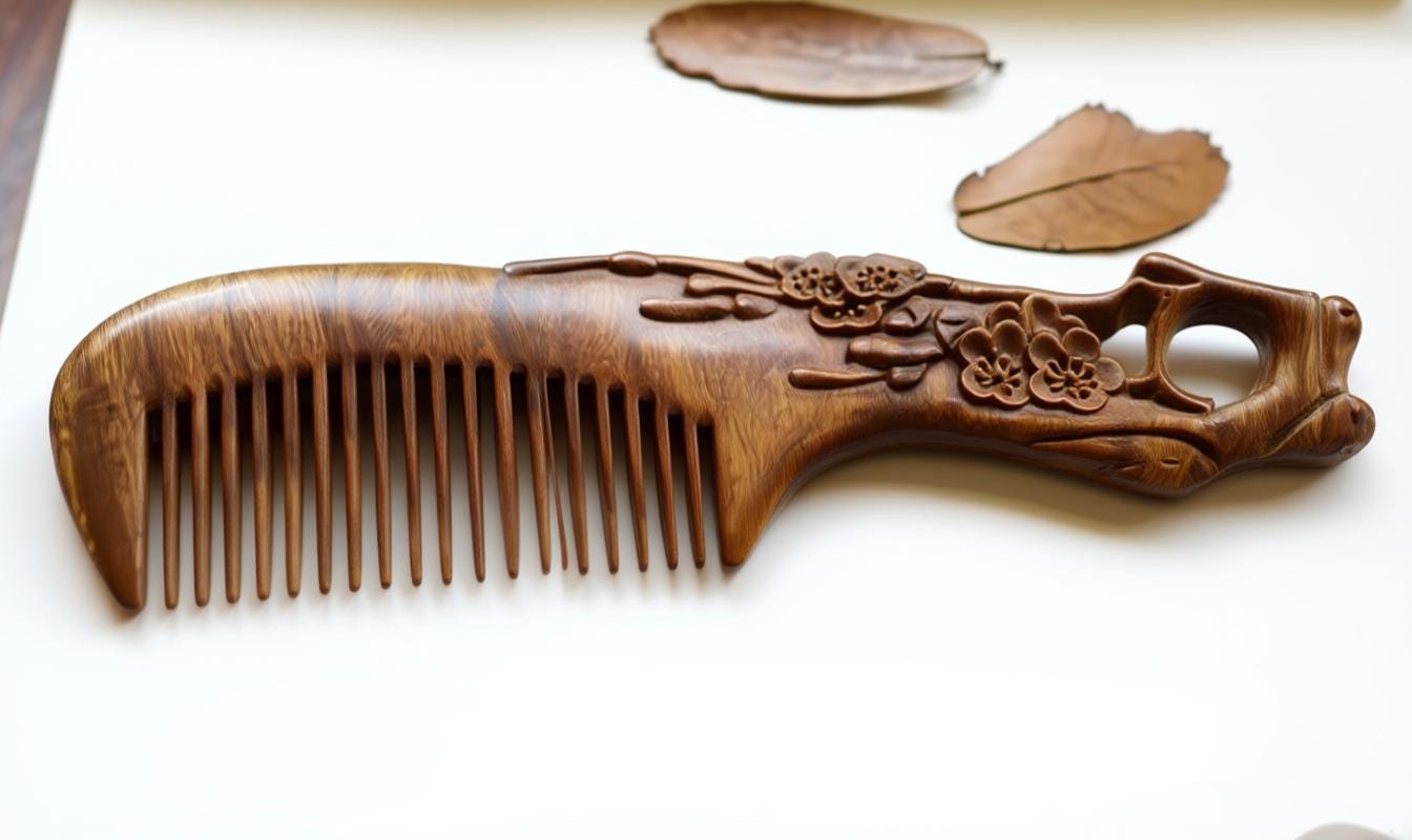 Wooden comb with intricate carvings on a white background