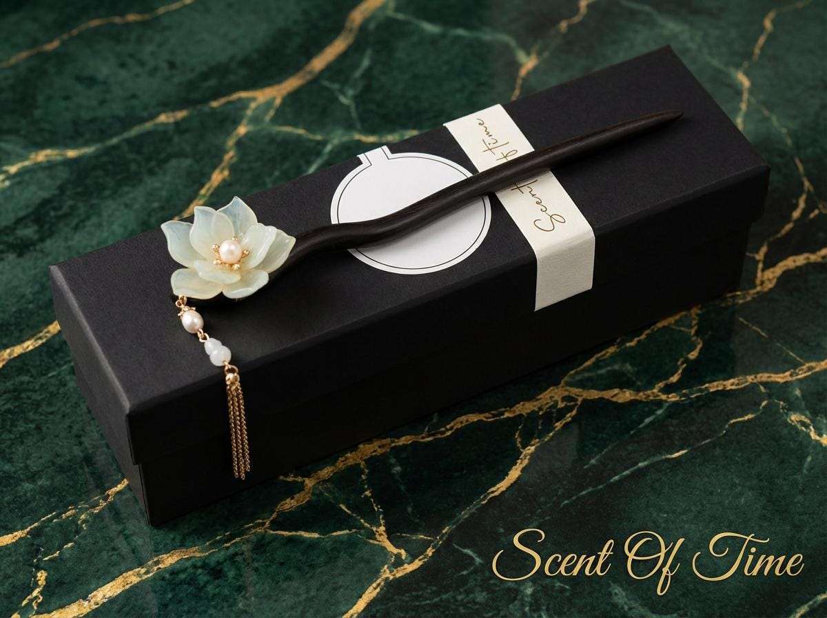Black hairpin with decorative flower and pearl on a green marble background