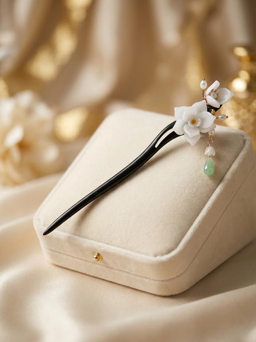 Decorative hair stick with flowers and beads on a beige jewelry box