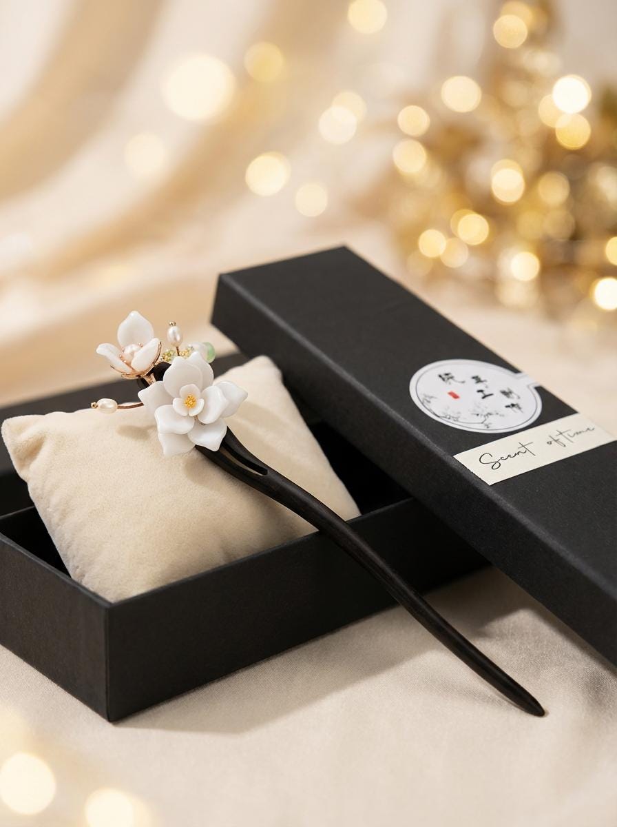Decorative hairpin with floral design in a black box against a softly blurred background