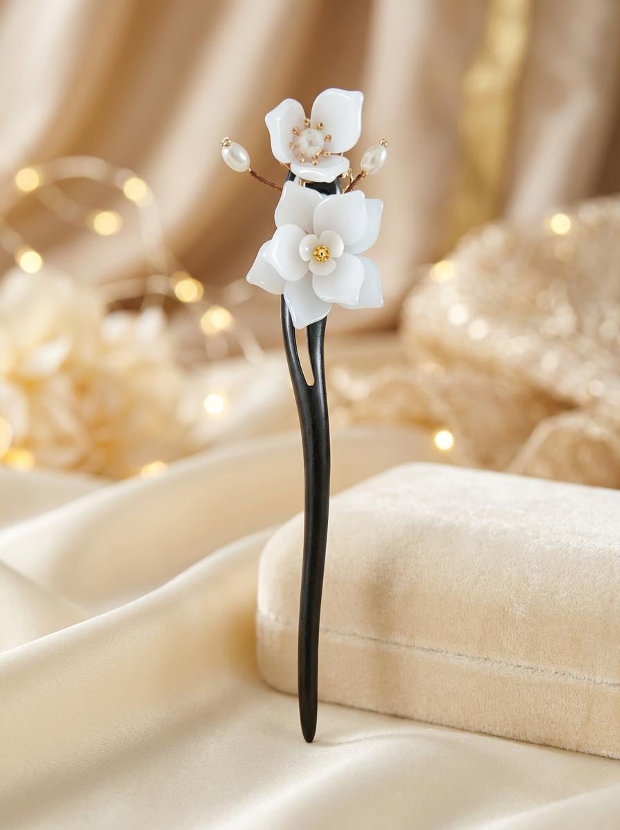 Decorative hairpin with white floral design on a beige fabric background