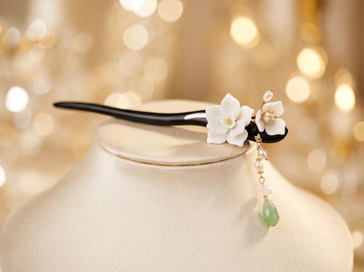 Decorative hairpin with flowers and beads on a blurred background