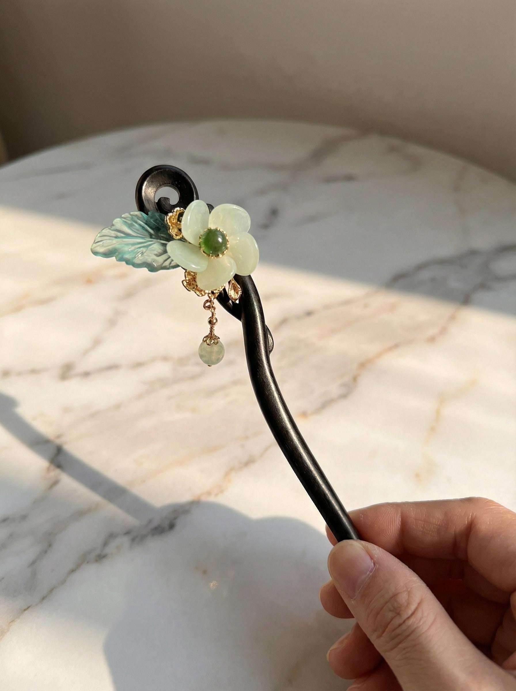 Jade Pear Blossom Hairpin, Black Sandalwood Chinese Hair Stick