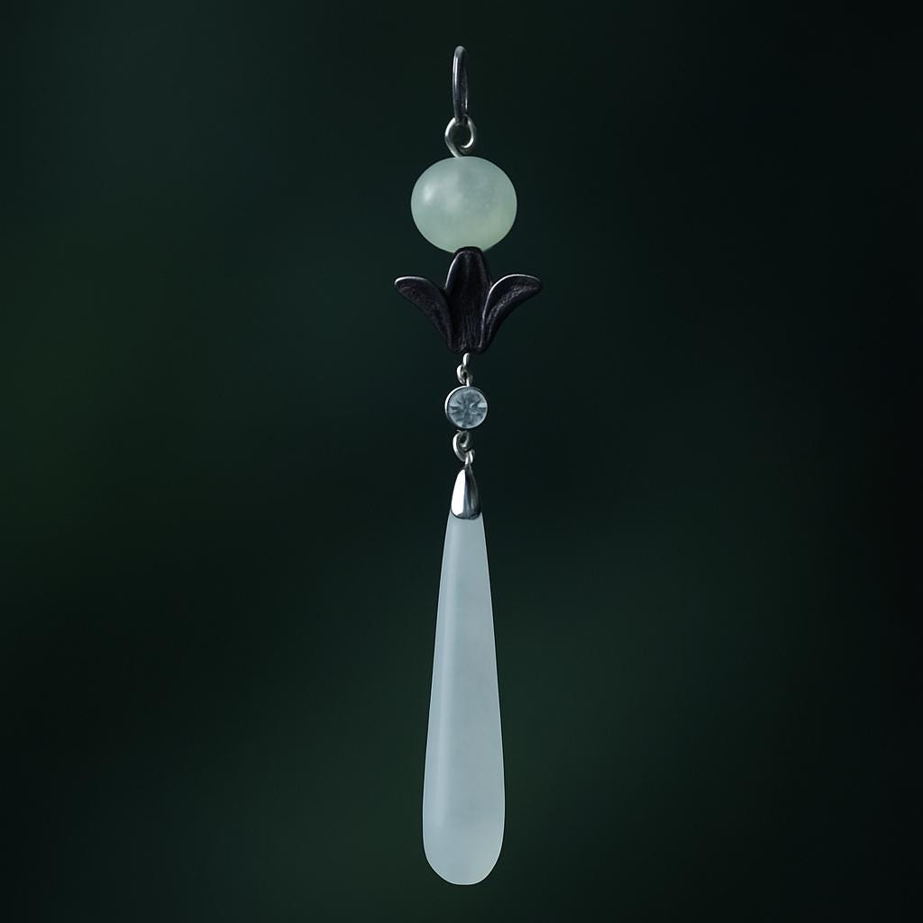 Jade pendant with black and silver accents on a dark background
