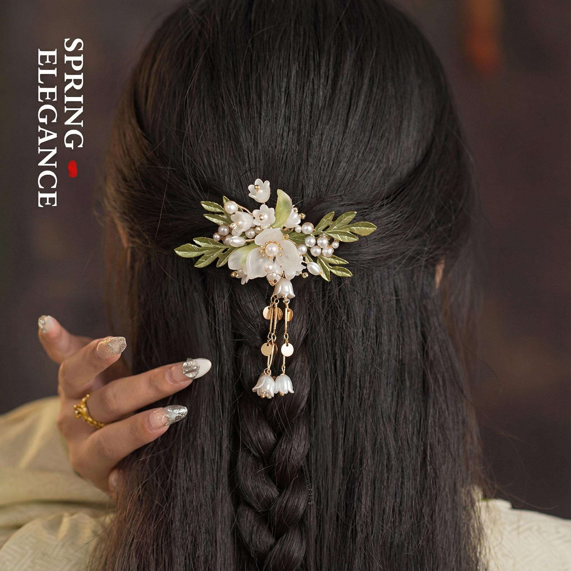 Lily of the Valley Bridal Hair Clip with Jade and Pearl