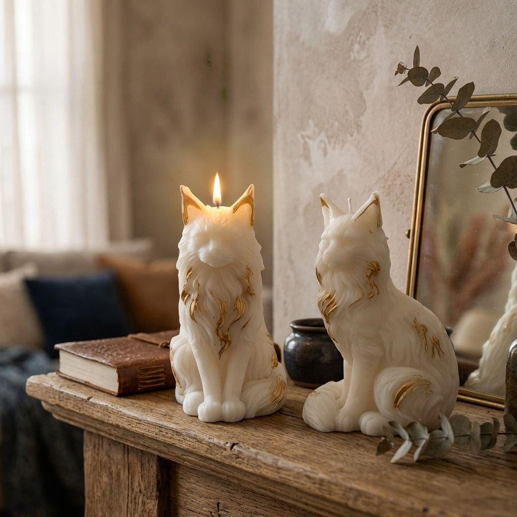 Two cat-shaped candles on a wooden surface with a blurred background