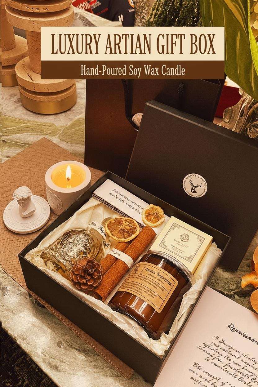 Luxury artisan gift box with hand-poured soy wax candle, cinnamon sticks, and decorative items on a rustic surface.