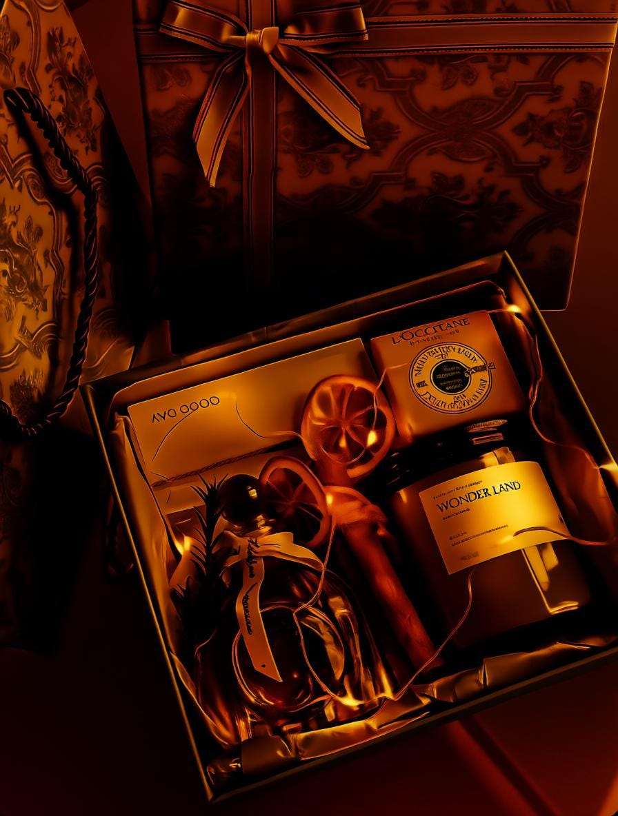 Luxury gift set with a bottle and packaging in a decorative box.