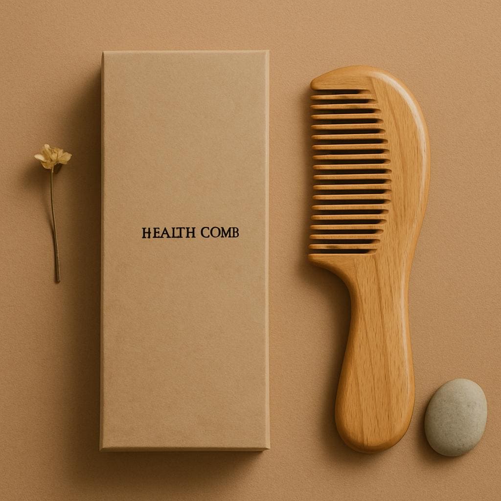 Wooden comb next to a box labeled 'Health Comb' on a beige background