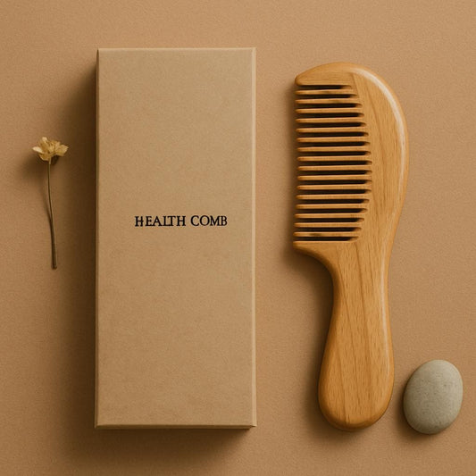 Wooden comb next to a box labeled 'Health Comb' on a beige background