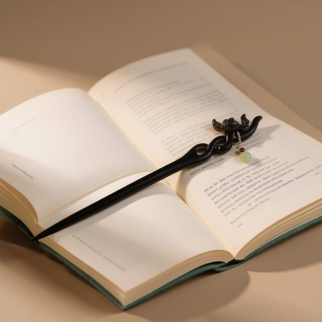Open book with a decorative black bookmark on a beige background