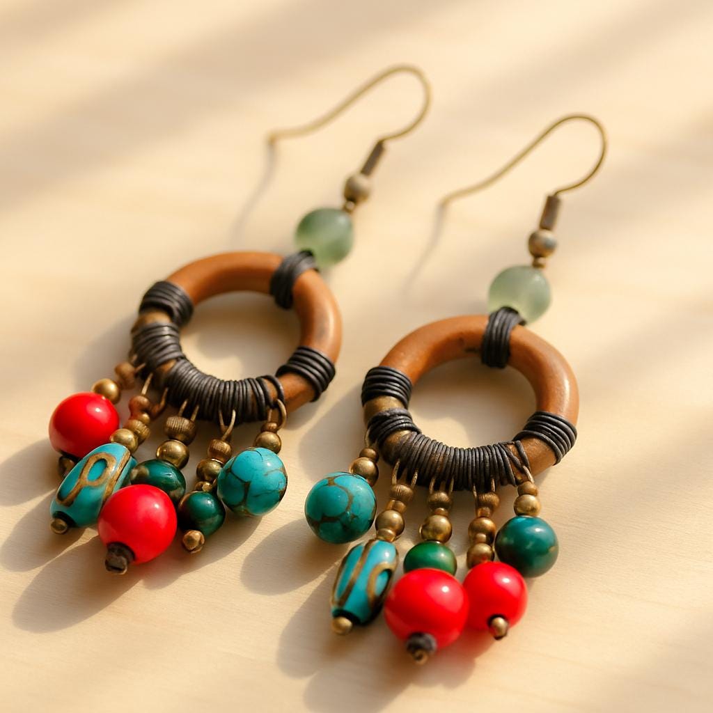 Pair of colorful beaded earrings on a beige background