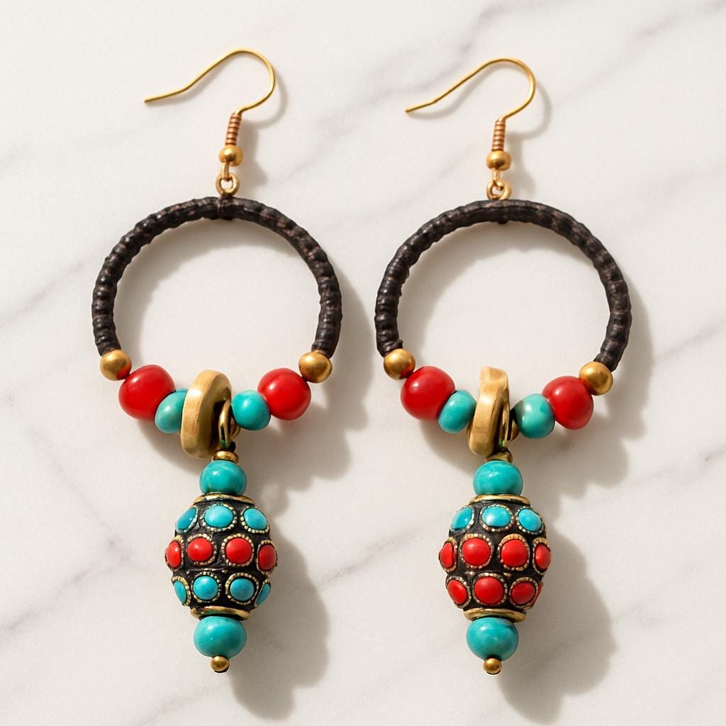 Pair of colorful beaded earrings on a white background