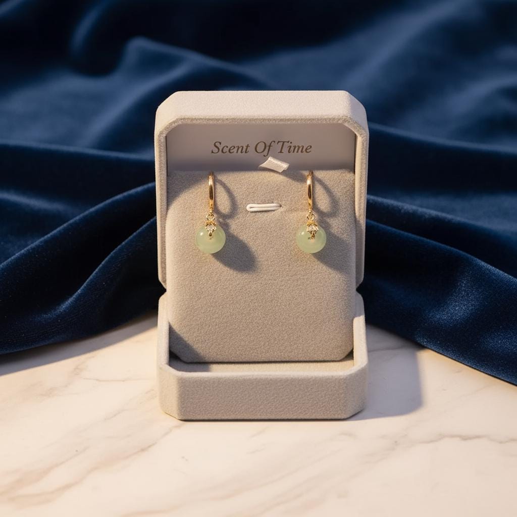 Pair of earrings on a display card with 'Scent Of Time' branding against a blue fabric background.