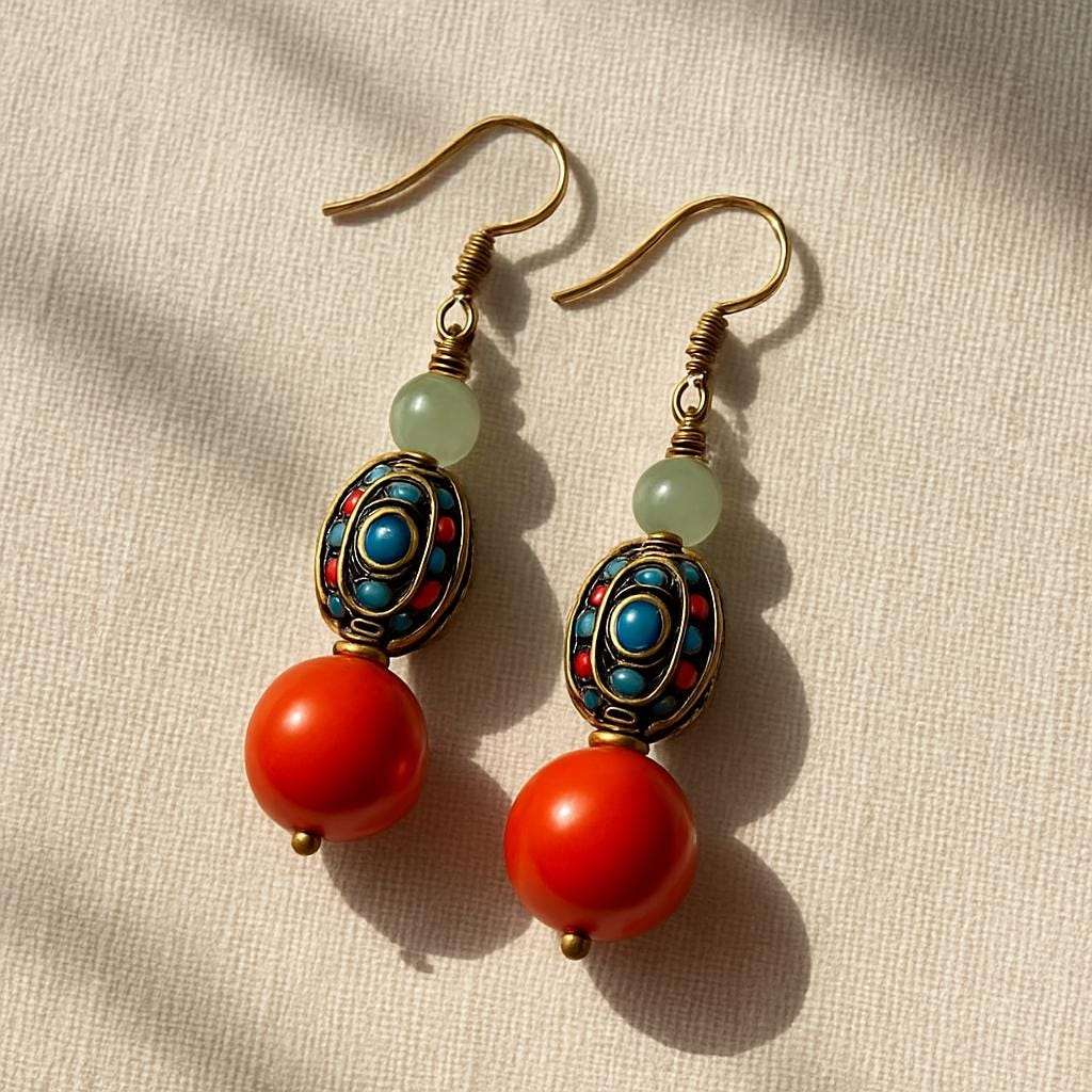 Pair of earrings with red beads and decorative elements on a beige fabric background