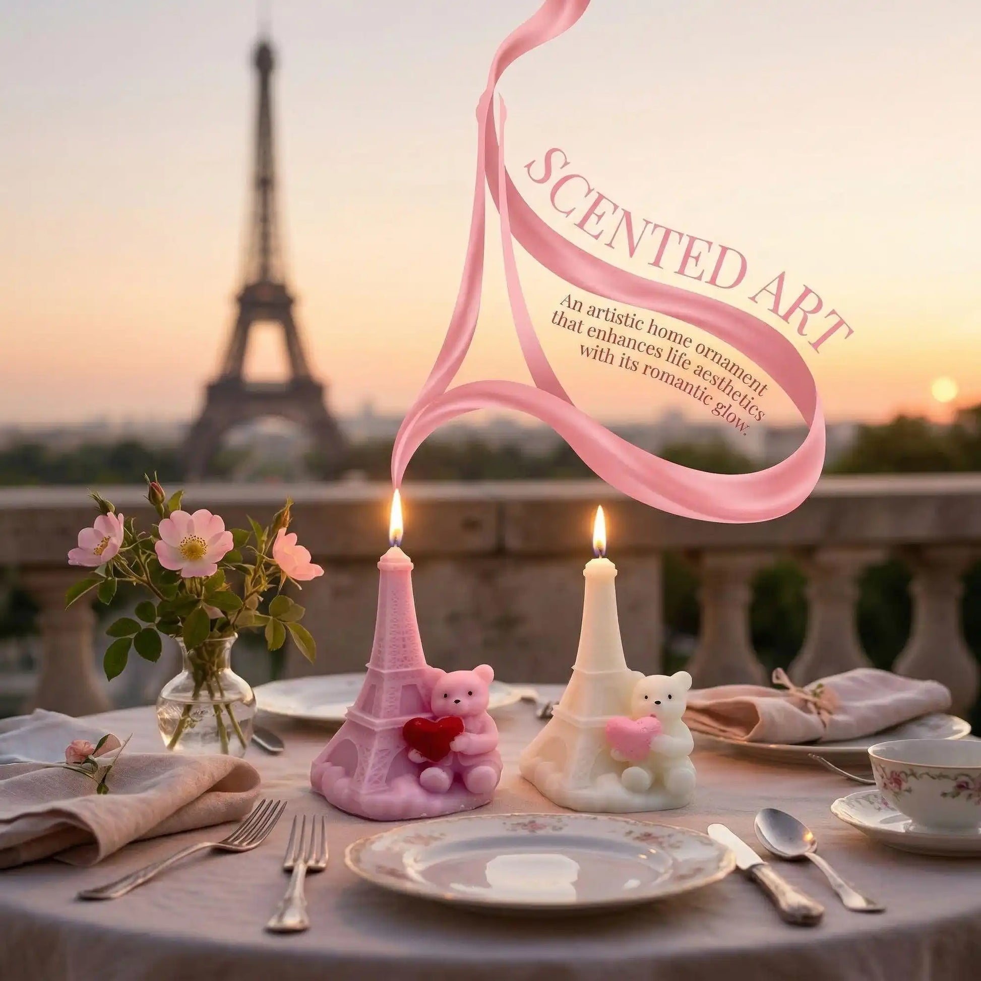 Decorative table setting with Paris-themed candles and flowers, Eiffel Tower in the background.